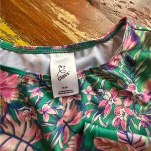 art class Green Floral One-Piece Swimsuit with Pink & Purple Flowers